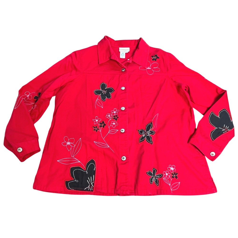 Coldwater Creek Red Floral Embroidered Button Up Jacket Cotton Sz 1X Cottagecore
